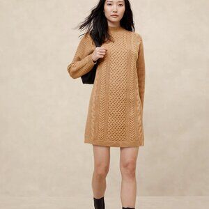 Banana Republic Factory Camel Fisherman Heritage Cable Mini Sweater Dress, L